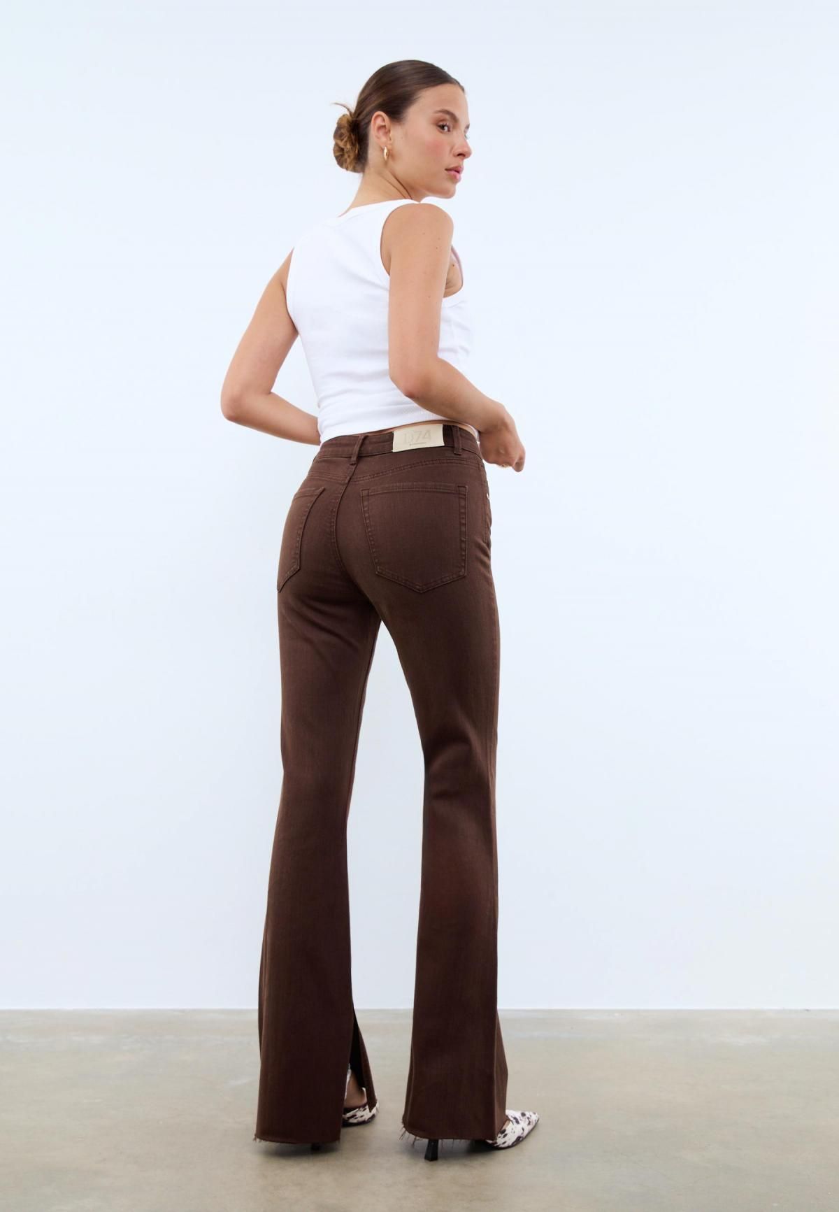 스트라디바리우스 브라운 하이웨이스트 플레어 스트레치 슬릿 부츠컷 팬츠 4804/400 - 상세 이미지 5