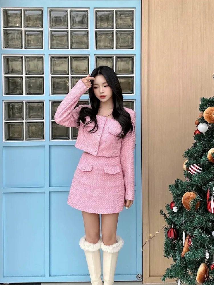 핑크트위드셋업 스퀘어넥 트위드 크롭 자켓 하객룩투피스세트 핑크 S - 상세 이미지 2