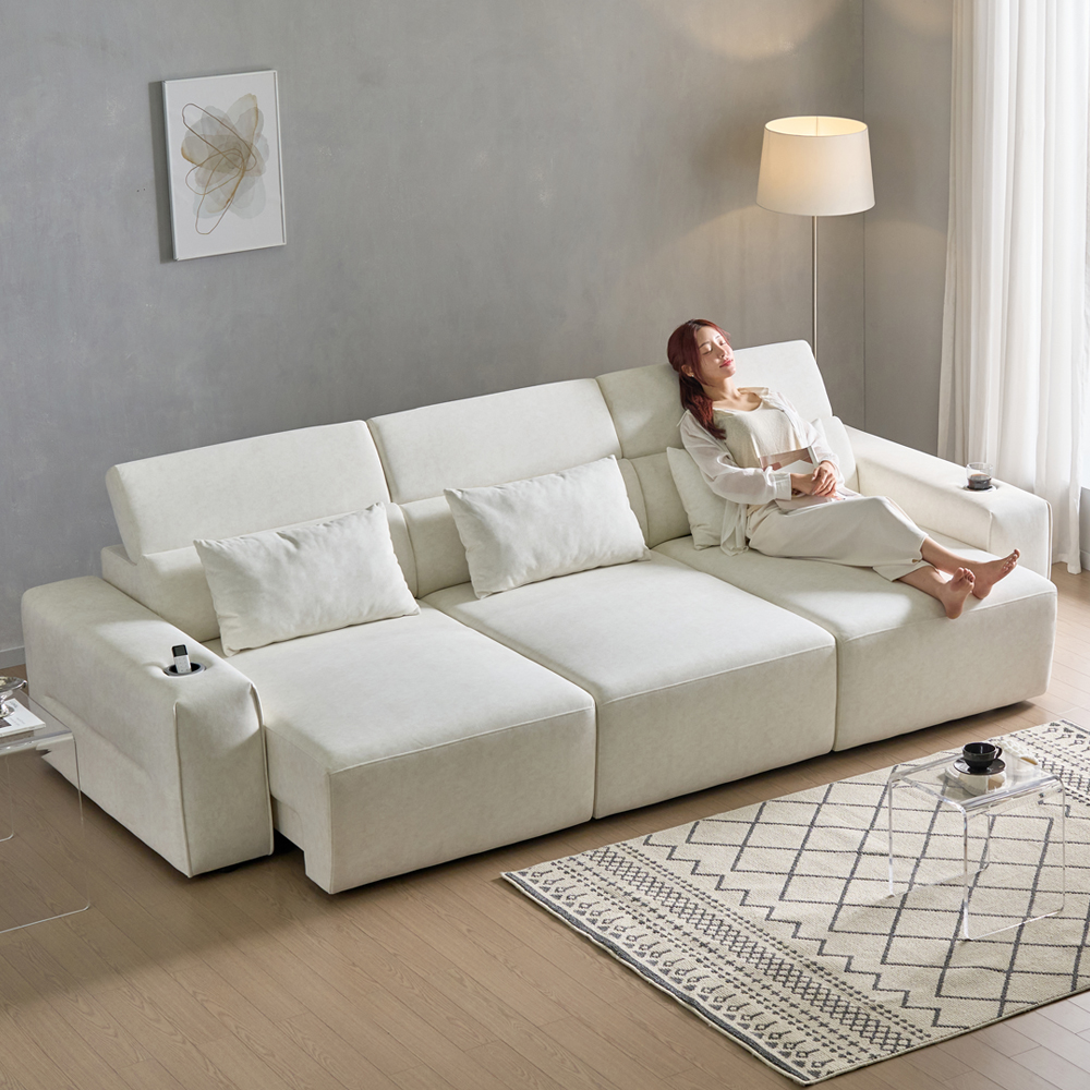 세인트블랑 릴렉시아 슬라이드 모션 아쿠아텍스 리클라이너 확장 패브릭 소파 아이보리, 4인용
