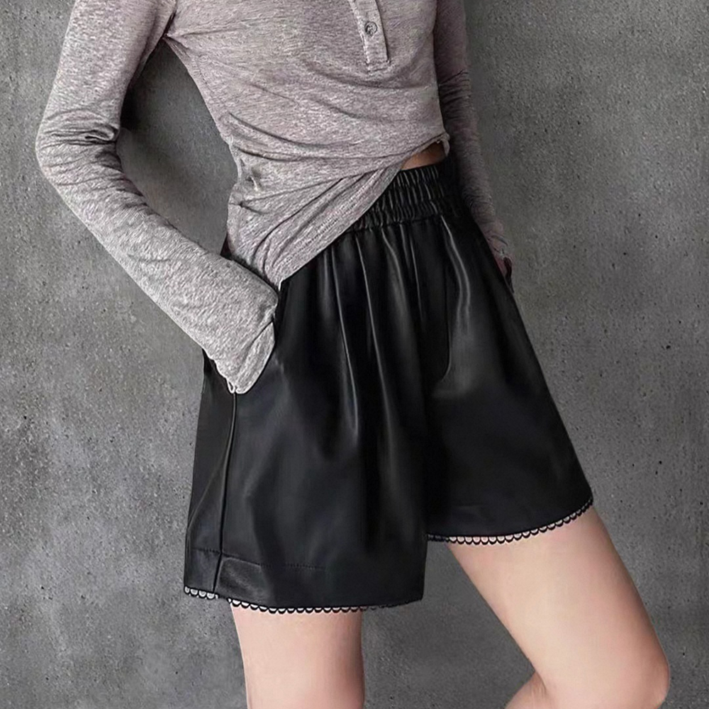 밴딩 고무줄 레더 인조가죽 짧은반바지 팬츠 - 상품 이미지