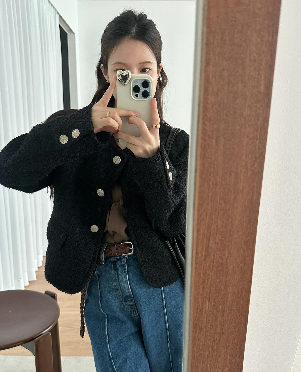 런버 여성 가을 노카라 라운드 루즈핏 긴팔 크롭 트위드자켓 - 상세 이미지 2
