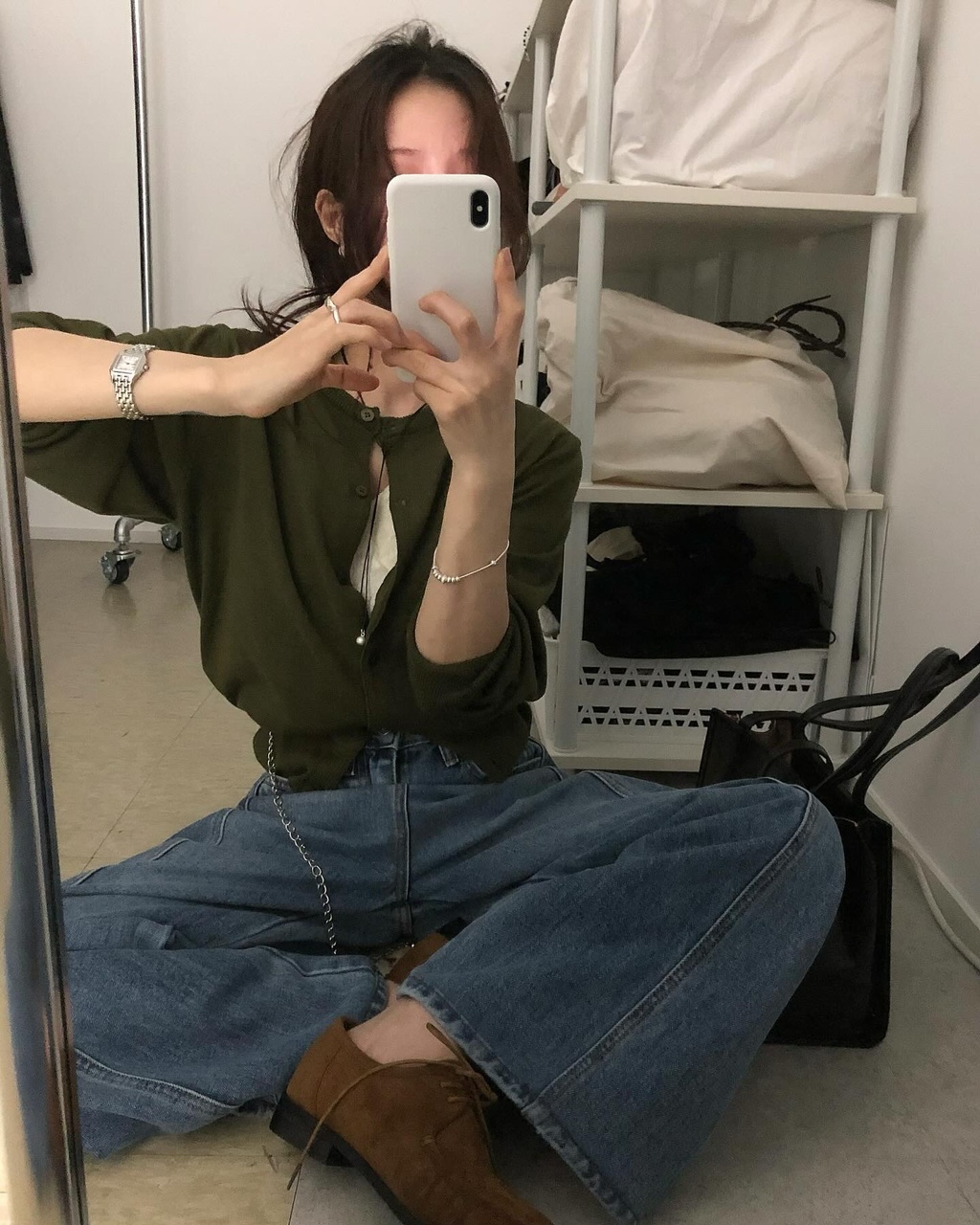 람디 여성 가을 레이어드 이너 라운드 노카라 루즈핏 가디건 - 상품 이미지