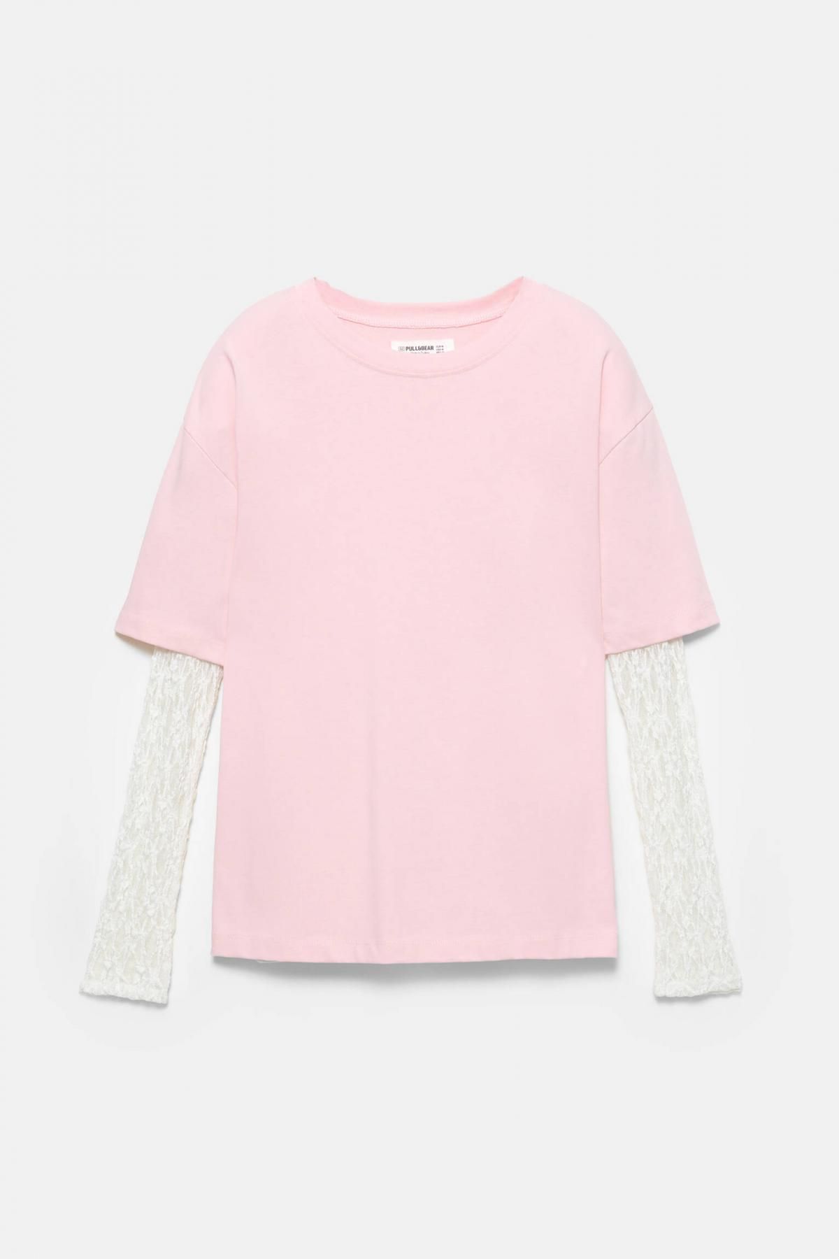 풀앤베어 레이스 레이어드 오버핏 라운드넥 긴팔 티셔츠 7151/390 PINK - 상품 이미지