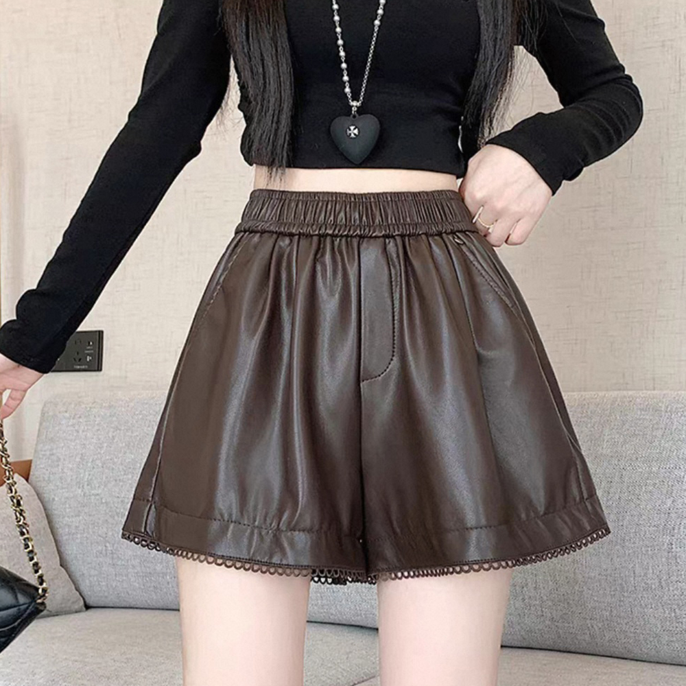 밴딩 고무줄 레더 인조가죽 짧은반바지 팬츠 - 상세 이미지 2