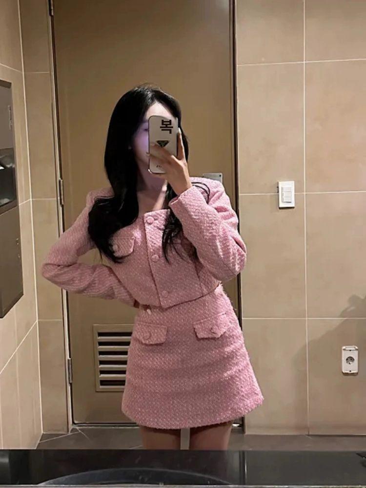 핑크트위드셋업 스퀘어넥 트위드 크롭 자켓 하객룩투피스세트 핑크 S - 상세 이미지 5