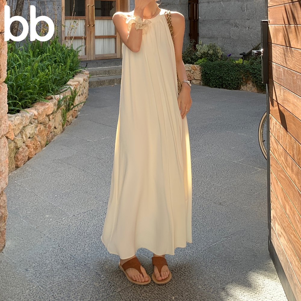 홀터넥 드레스 루즈핏 니트 백리스 원피스 봄 쉬폰 주름 휴양지 민소매 롱 바캉스  아이보리 S - 상품 이미지