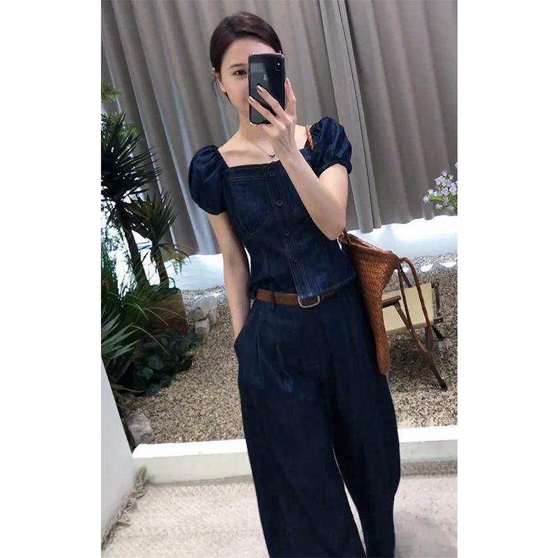 데님 점프수트 오버롤 여성 반팔 와이드 점프슈트 블루 데님 S(40-47.5kg) - 상세 이미지 5