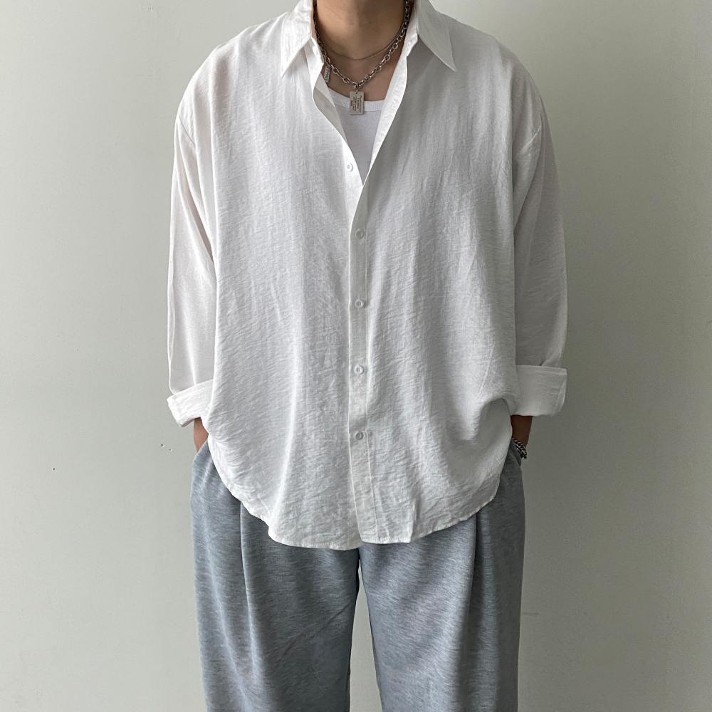오버핏 남자흰색셔츠 나일론 긴팔 캐주얼 퓨어 미니멀 - 상세 이미지 3