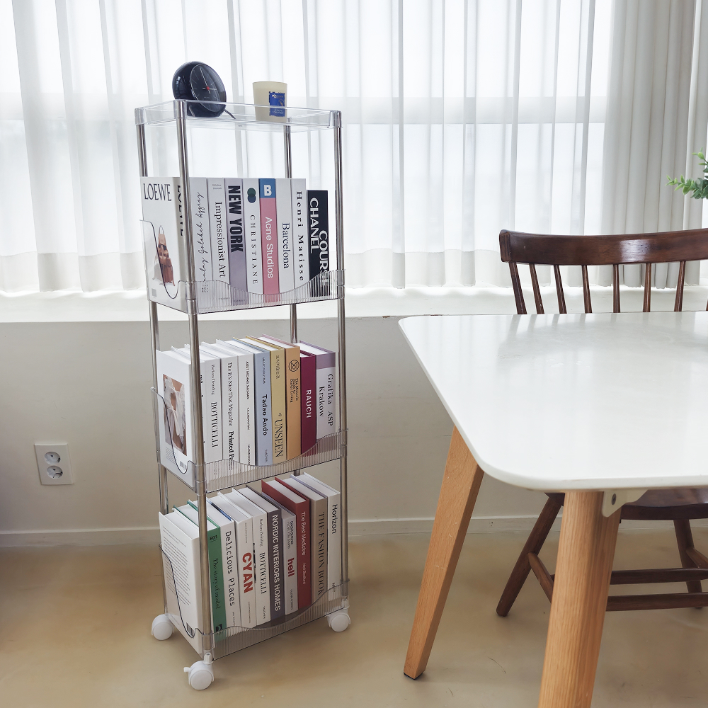 일상드로우 틈새 미니 책장 이동식 낮은 책장 슬림 수납 조립식 338x222x1102mm, 3단, 투명 제품 이미지
