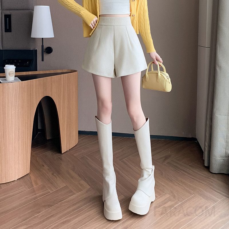 여성 울 하이웨이스트 와이드 팬츠 캐주얼 반바지 여름용 시원한 착용감 데일리 스타일링 A라인 디자인 - 상세 이미지 3