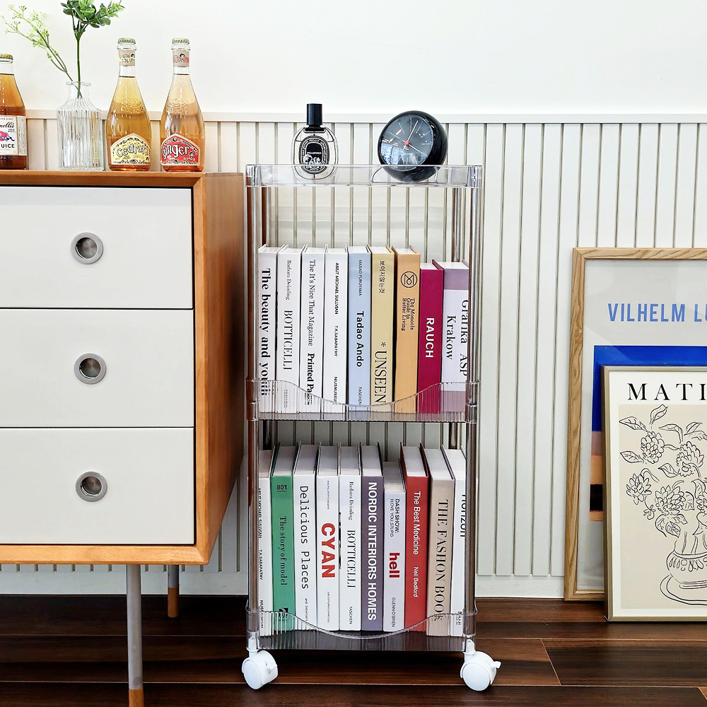 일상드로우 틈새 미니 책장 이동식 낮은 책장 슬림 수납 조립식 338x222x762mm, 2단, 투명