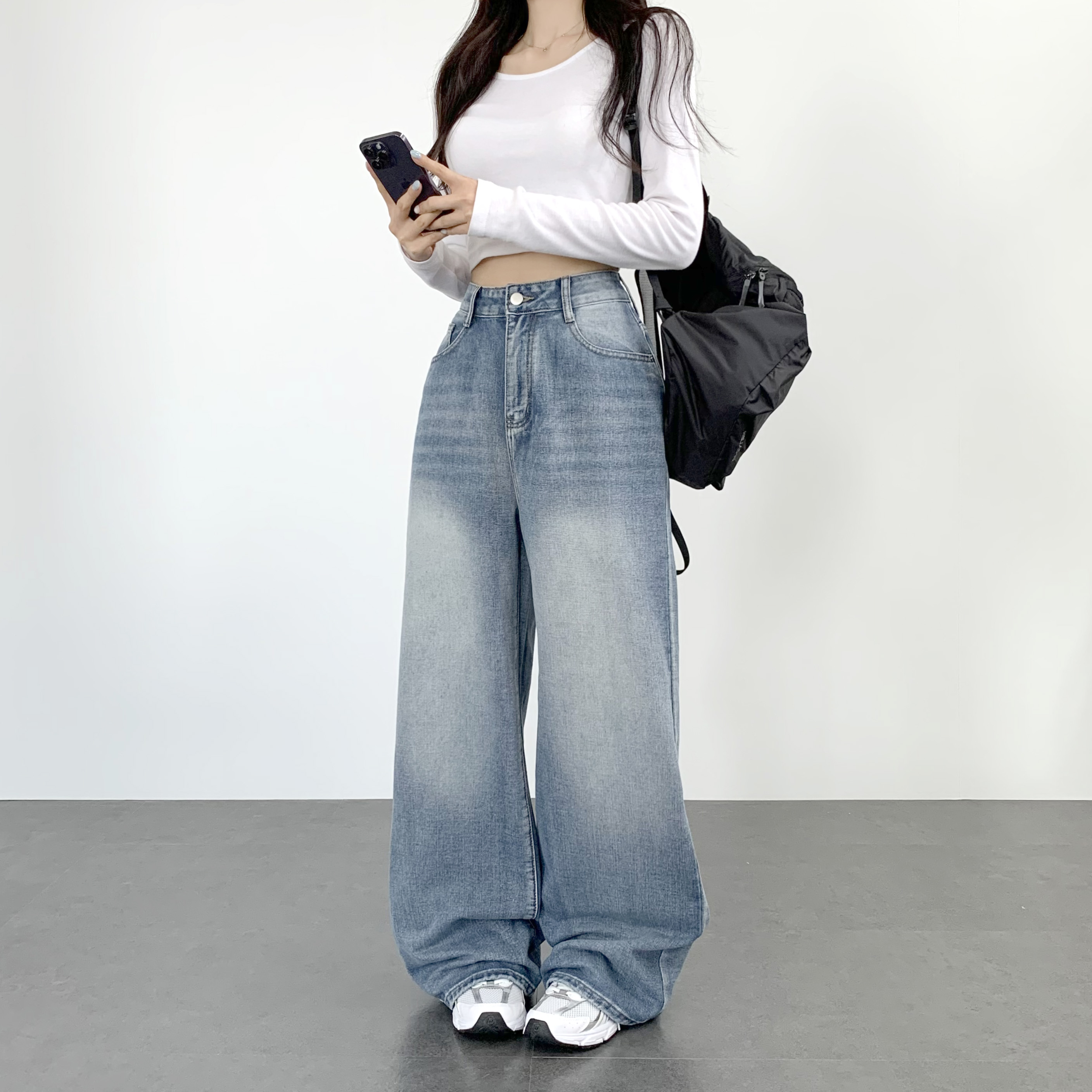 여성 워싱와이드 데님 바지 하이웨스트 키작녀청바지 - 상품 이미지