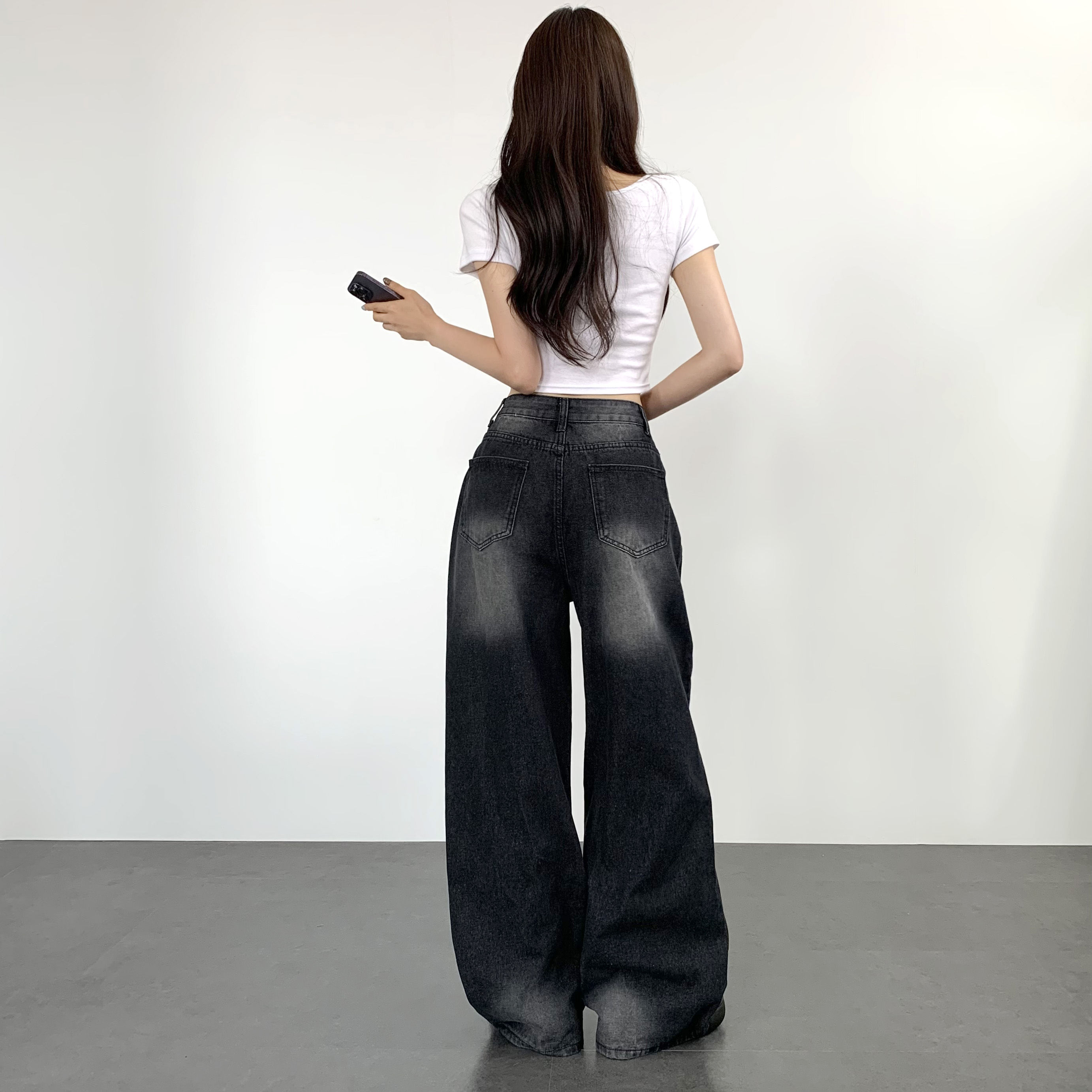 여성 워싱와이드 데님 바지 하이웨스트 키작녀청바지 - 상세 이미지 5
