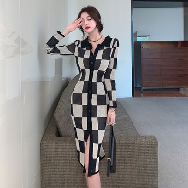 체크 카라넥 니트 롱 가디건 원피스 골지 슬림 하객룩 검은 아몬드 체크 S
