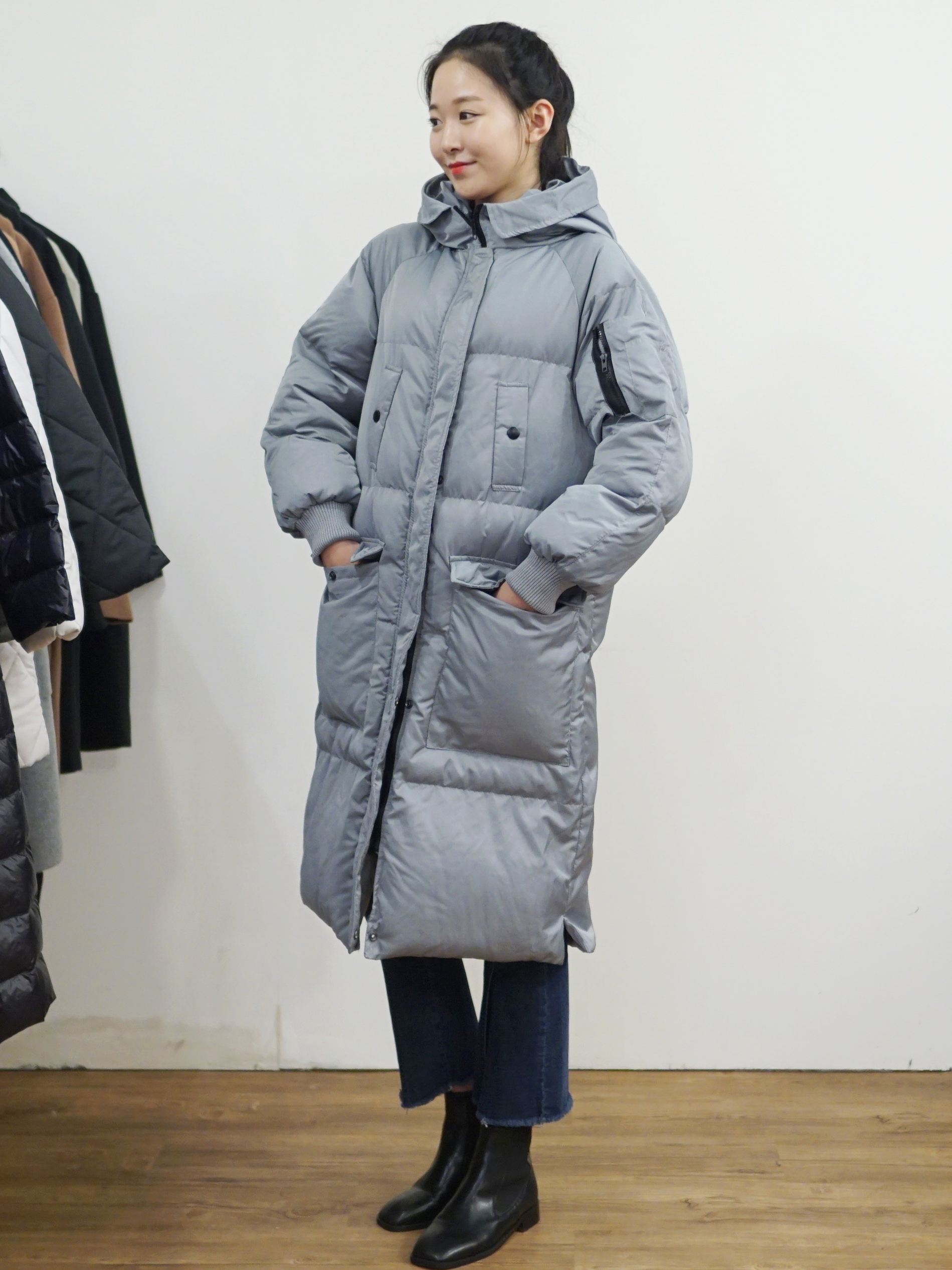 오버사이즈 양포켓 후드롱패딩