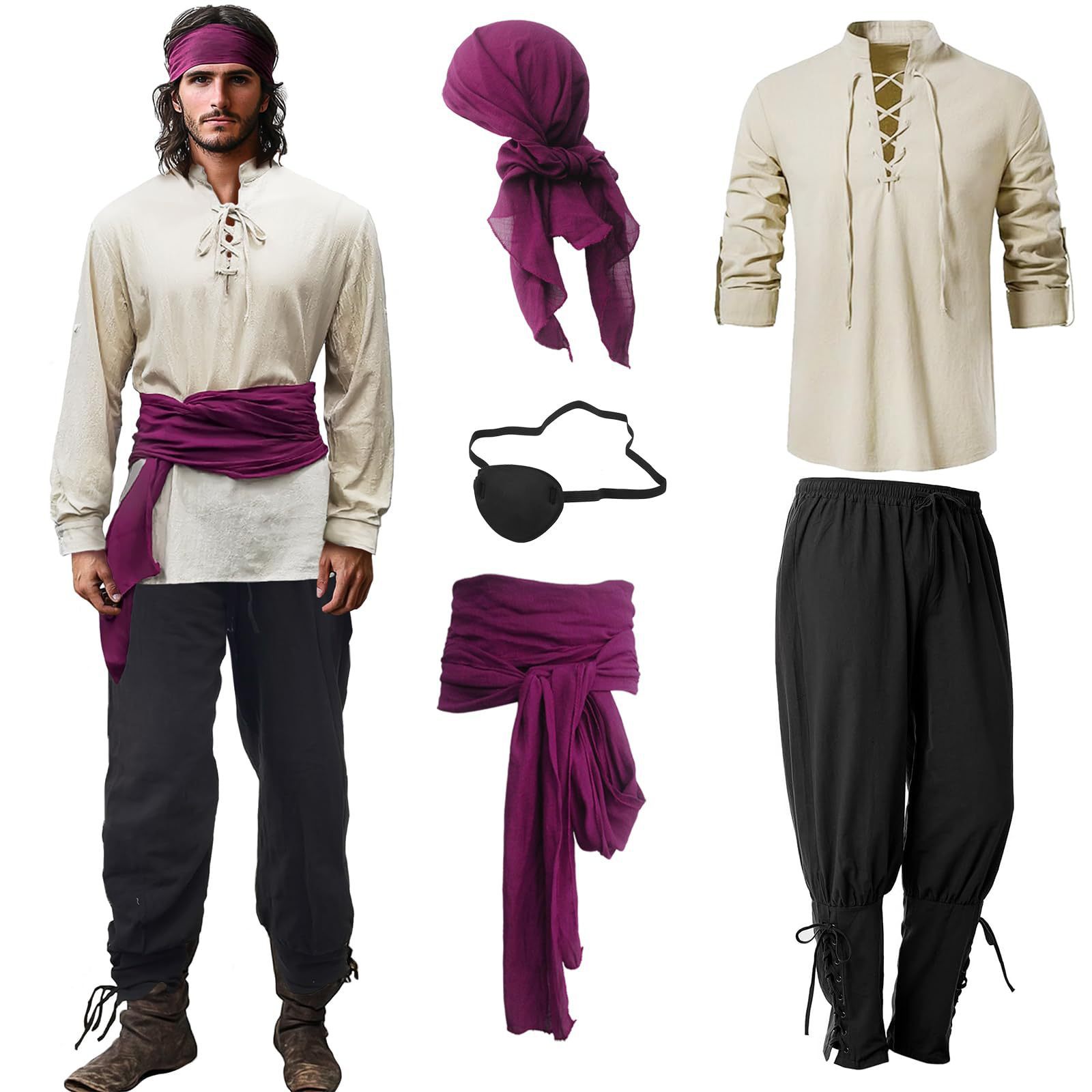 해적옷 해적코스튬 할로윈 코스프레 연극무대 의상 르네상스 바이킹 카키 상의+블랙 바지+와인 레드 8종 S - 상세 이미지 2