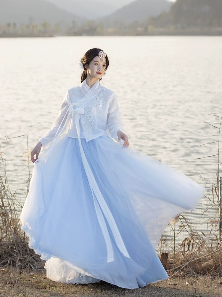 여성 계량 드레스 전통 생활복 저고리 여자 촬영복 무대 공연 화이트 XS - 상품 이미지