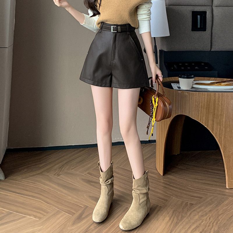 여성 가죽 반바지 하이웨이스트 와이드핏 스타일리시한 여름 캐주얼 데일리 편안한 착용감 시원한 외출용 팬츠 - 상세 이미지 3