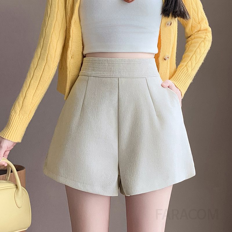 여성 울 하이웨이스트 와이드 팬츠 캐주얼 반바지 여름용 시원한 착용감 데일리 스타일링 A라인 디자인 - 상품 이미지