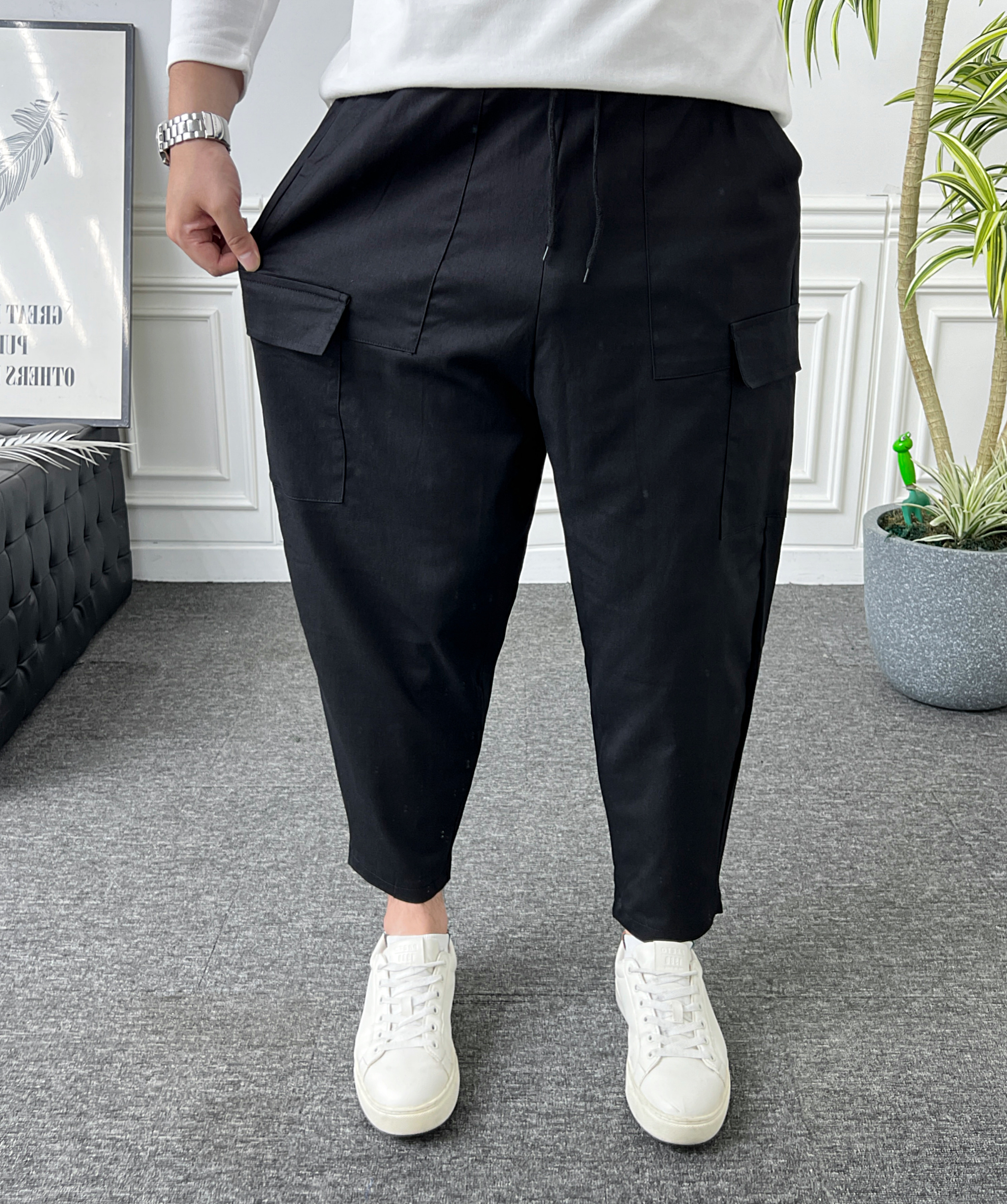 남자 벌룬팬츠 밴딩 사각 카고 포켓 와이드 배기바지 - 상세 이미지 5