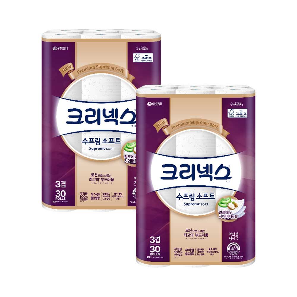 크리넥스 3겹 수프림 소프트 27M 30롤X2팩