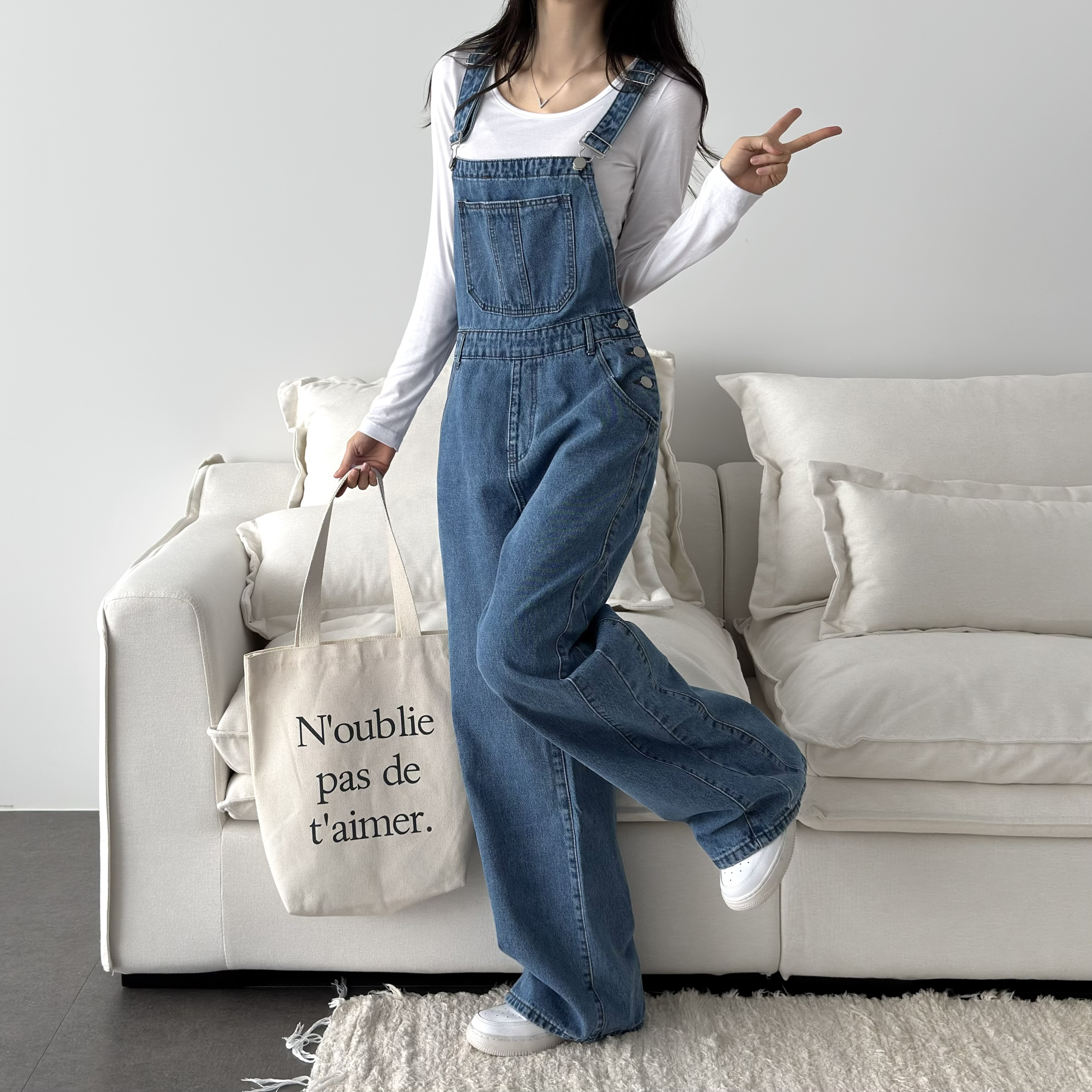 옆절개 와이드 오버롤 멜빵 데일리 점프수트 - 상세 이미지 3