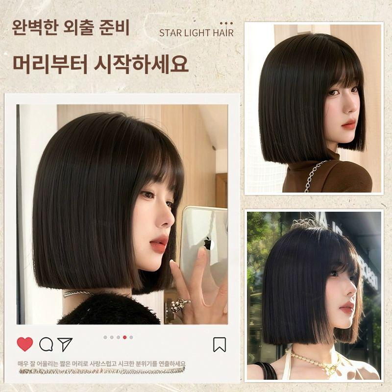 여성 칼 단발 똑단발 가발 항암가발 달콤한 쿼터컷 브라운블랙+발망 - 상세 이미지 5