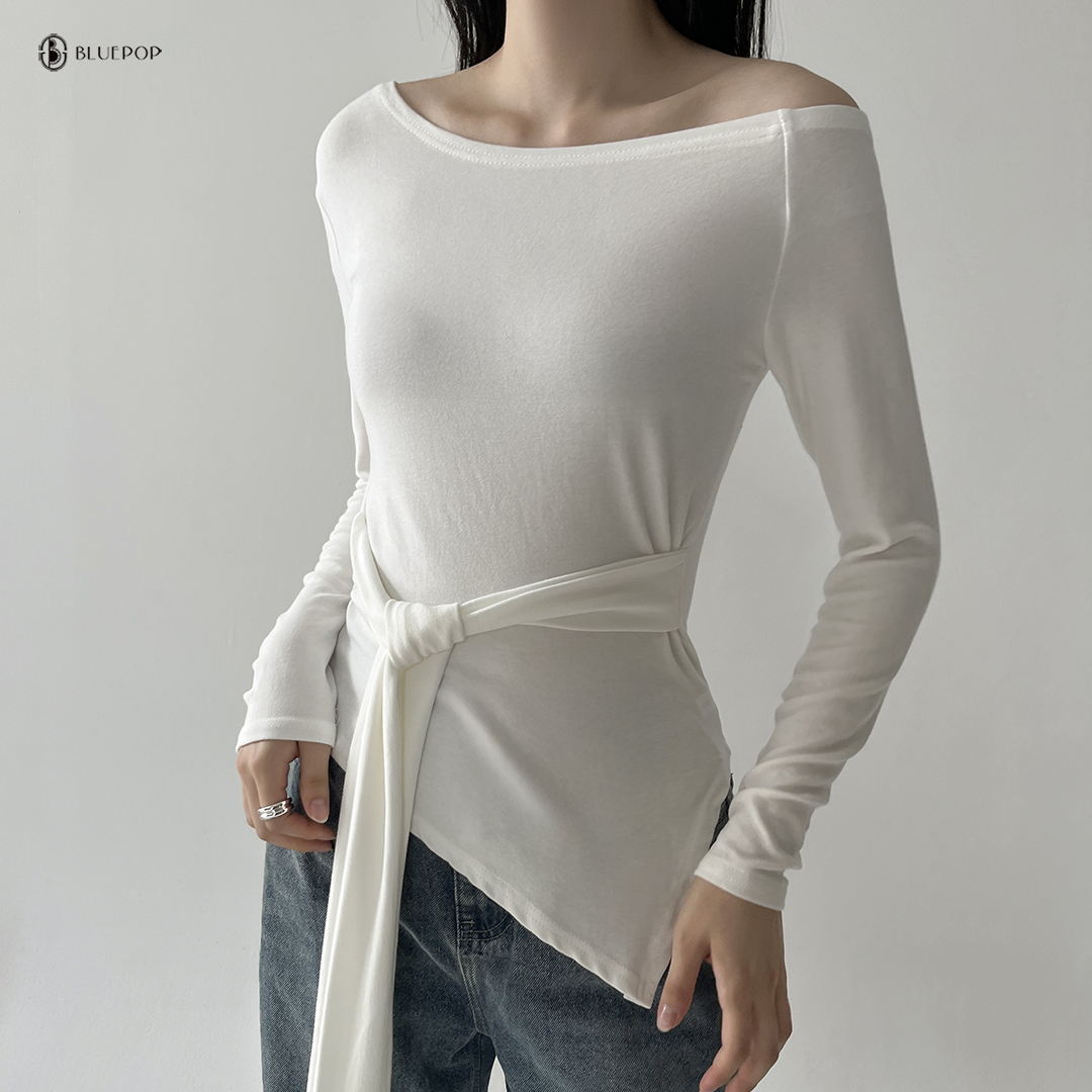 ｢5color｣언발 개미허리 스트랩 텐셀 반유넥 긴팔 티 이미지 7