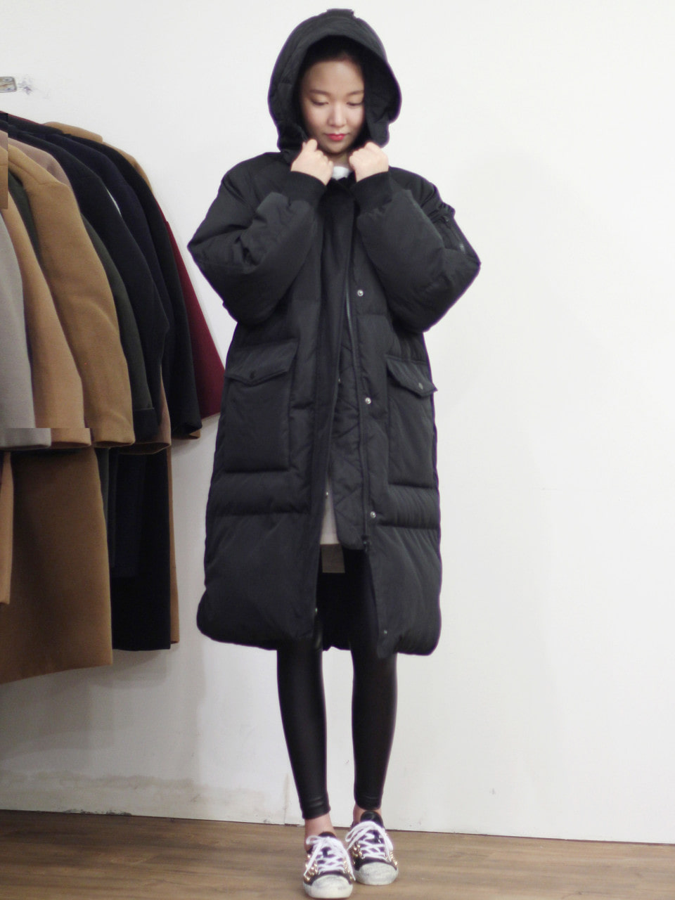 오버사이즈 양포켓 후드롱패딩