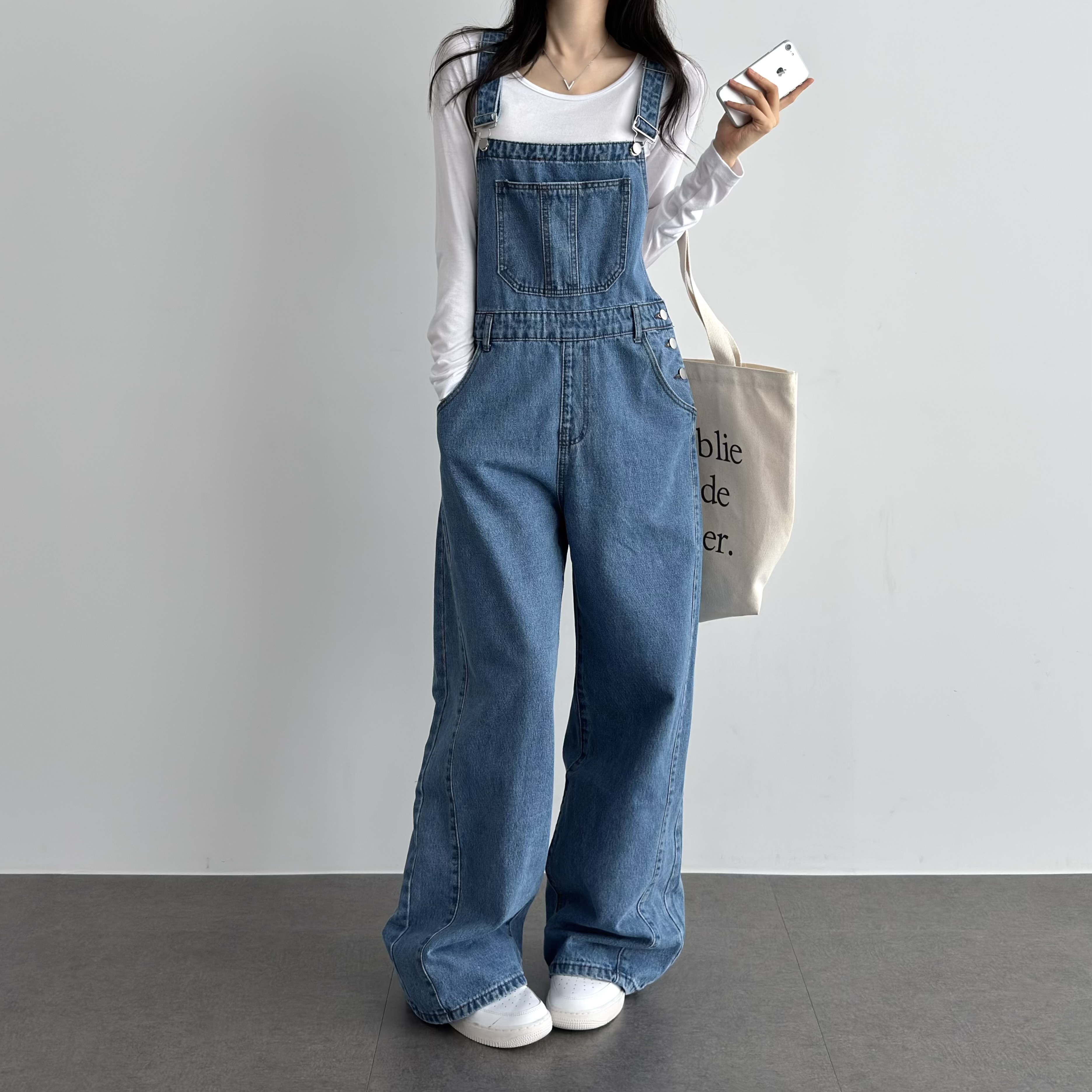 옆절개 와이드 오버롤 멜빵 데일리 점프수트 - 상품 이미지