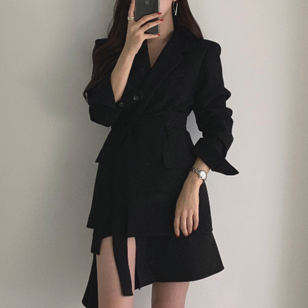 여성 벨티드 자켓 원피스 화이트 미니 하객룩 정장 원피스 가을 결혼식룩 - 상세 이미지 5