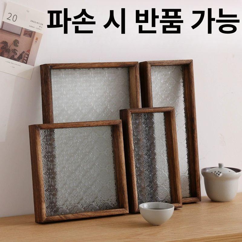 엔틱 트레이 유리 플라워 가정용 다과 카페 주방 쟁반 월넛 사각쟁반 홈카페 다기 앤틱 투명해담꽃 트레이 직사각형 40-28 - 상세 이미지 3
