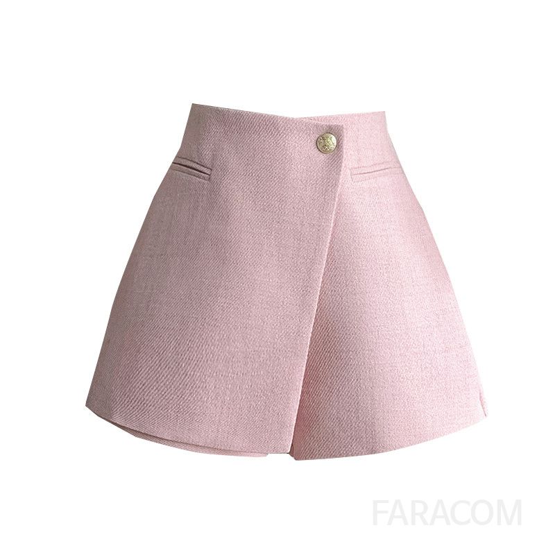 여성 모직 치마바지 하이웨이스트 와이드 핏 가을 스타일 버튼 포인트 A라인 팬츠 스커트 데일리룩 편안한 착용감 - 상세 이미지 5