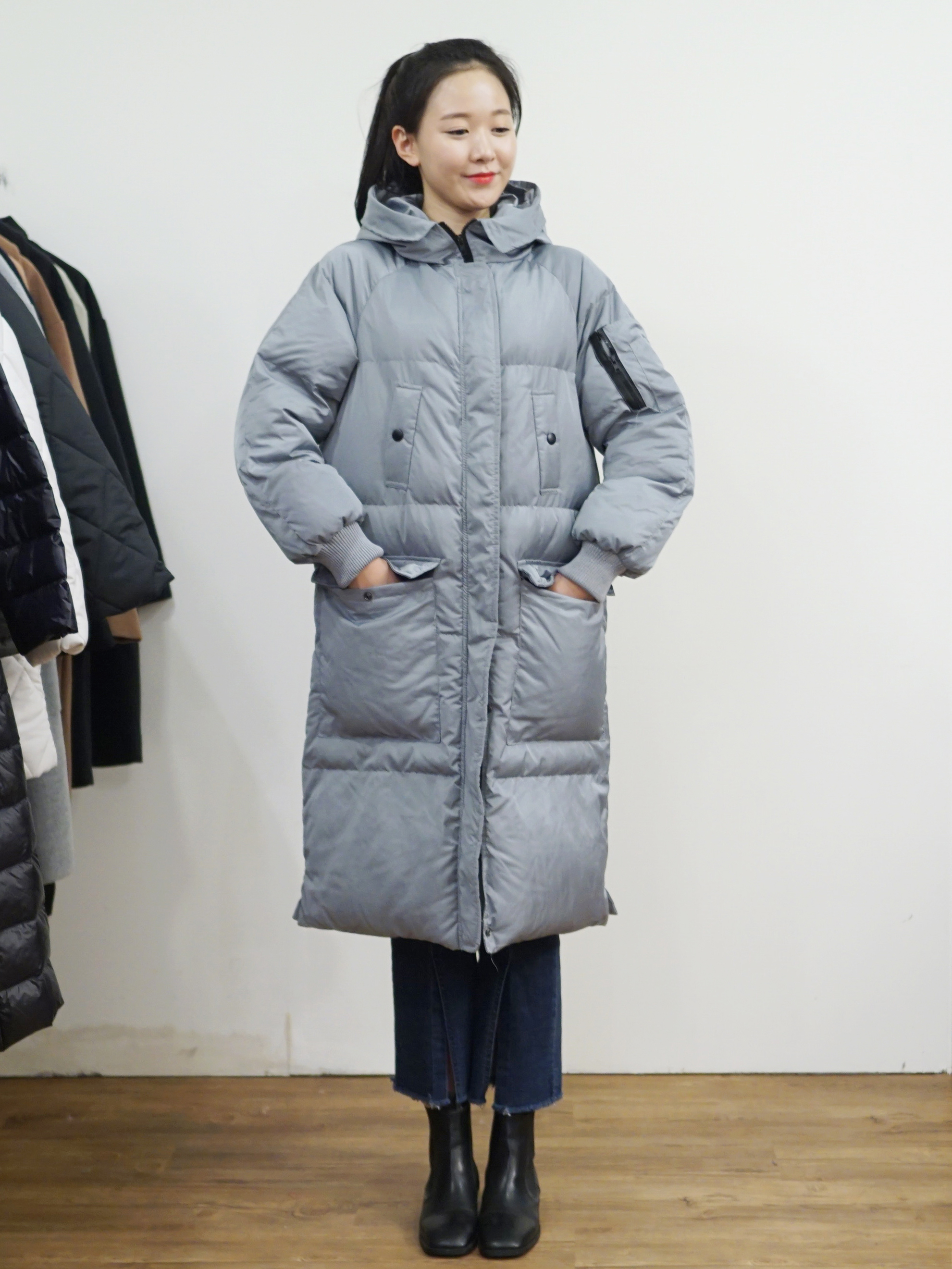 오버사이즈 양포켓 후드롱패딩