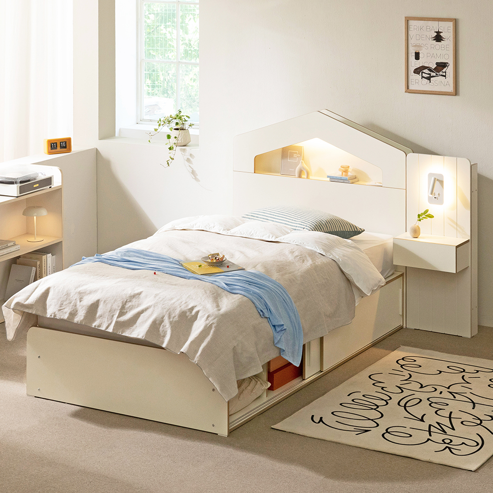 무디켄 리뉴 LED 선반헤드 수납 서랍 침대 프레임 (+방수커버) 원형, SS 서랍형, 아이보리+블랙엣지