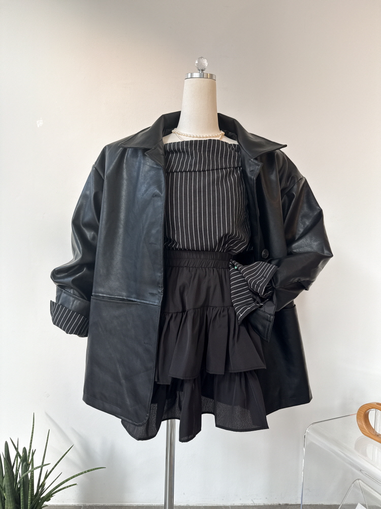 오버핏 절개 포켓 카라 심플 베이직 레더 자켓