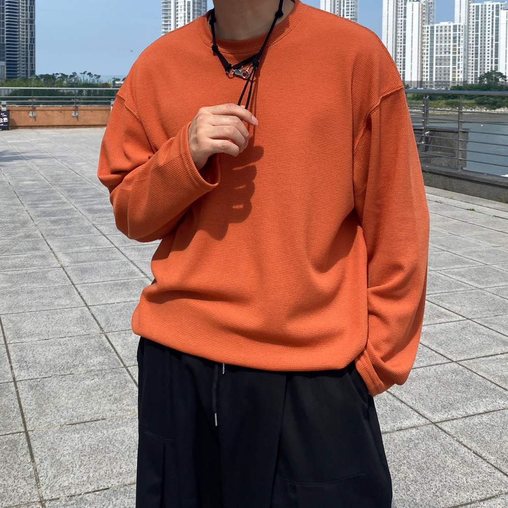 무지 남자얇은긴팔티 기능성 스판 오버핏 와플 맨투맨 - 상세 이미지 2