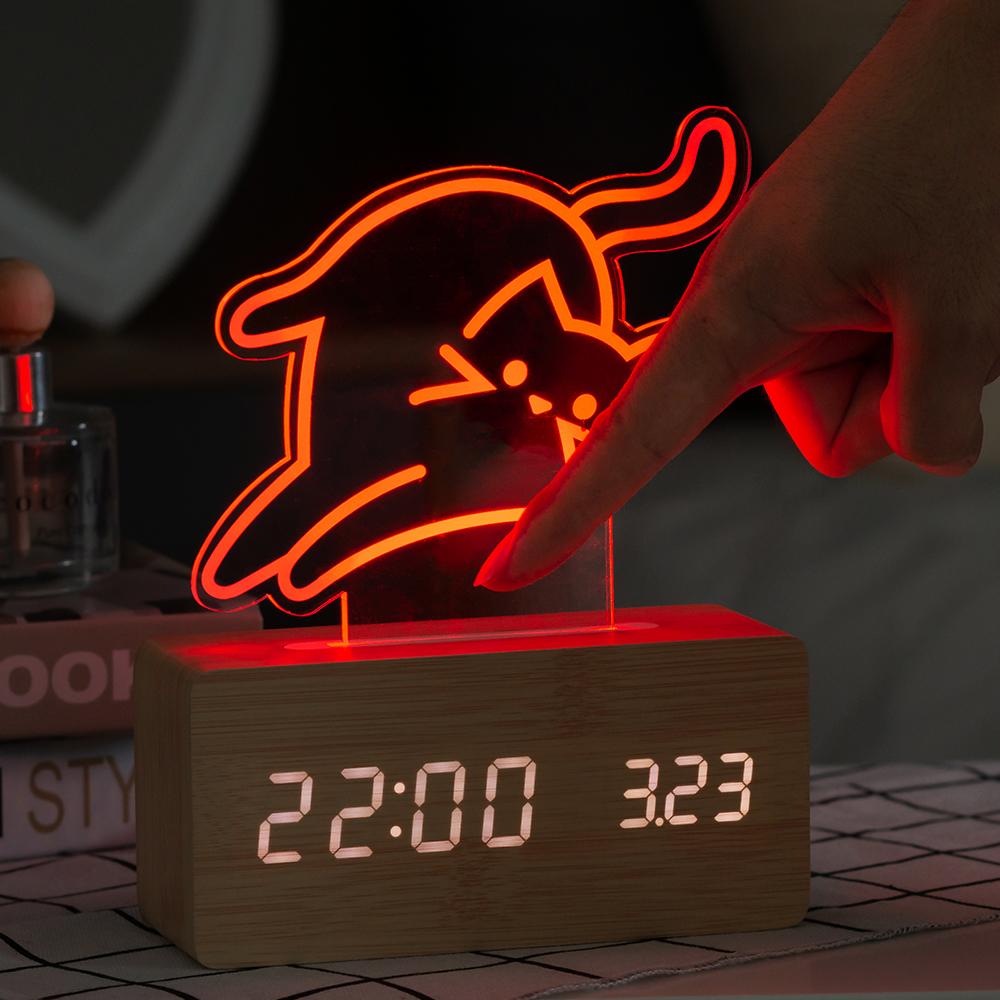 플라이토 우드냥 인테리어 LED 탁상시계 무소음 디지털 전자 알람 테이블 책상시계 선물