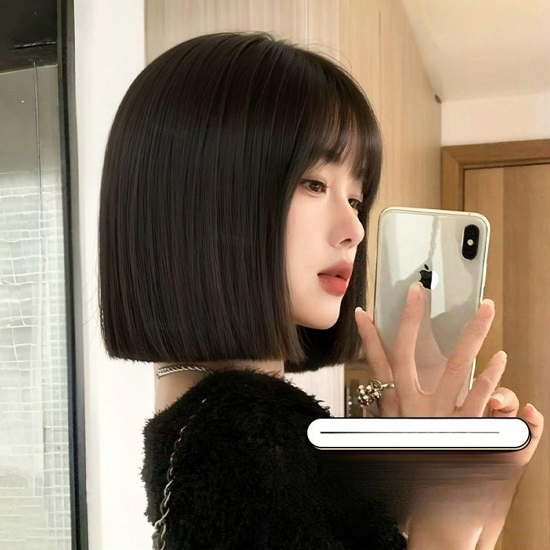 여성 칼 단발 똑단발 가발 항암가발 달콤한 쿼터컷 브라운블랙+발망 - 상품 이미지