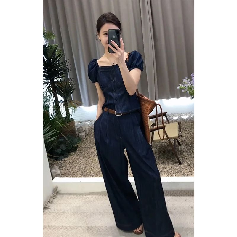 데님 점프수트 오버롤 여성 반팔 와이드 점프슈트 블루 데님 S(40-47.5kg) - 상세 이미지 3