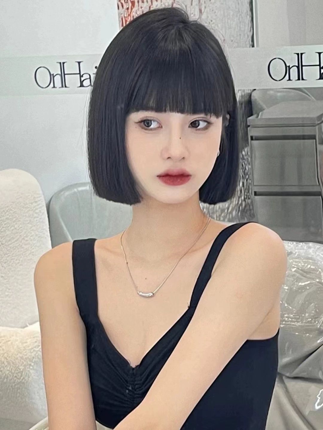 여성 칼단발 똑단발 통가발 단발머리 항암가발 새치커버 탈모고민 블랙티색 2피스 세트 - 상세 이미지 2