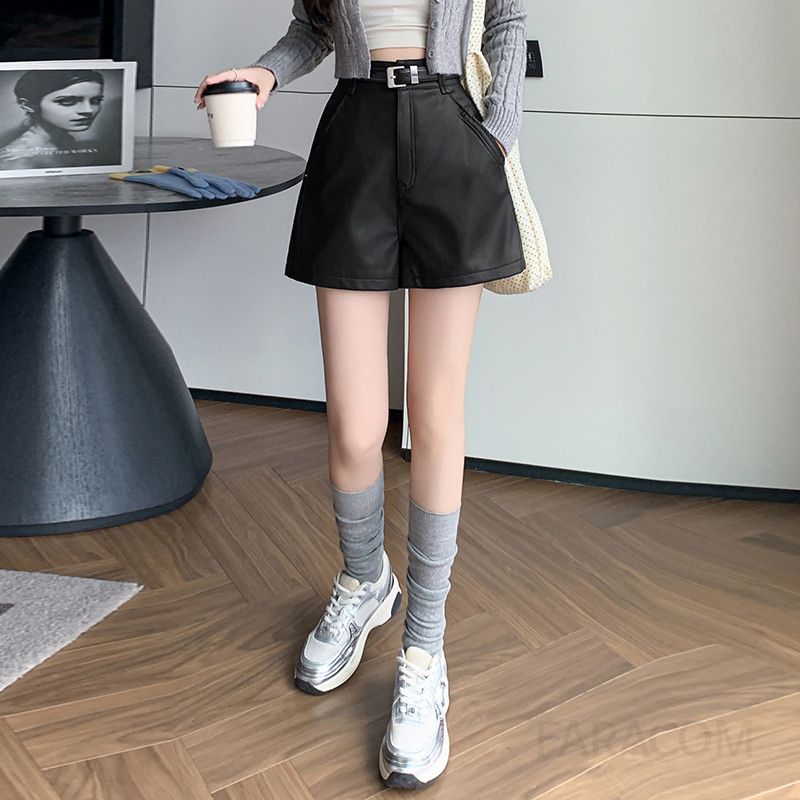 여성 가죽 반바지 하이웨이스트 와이드핏 스타일리시한 여름 캐주얼 데일리 편안한 착용감 시원한 외출용 팬츠 - 상세 이미지 4