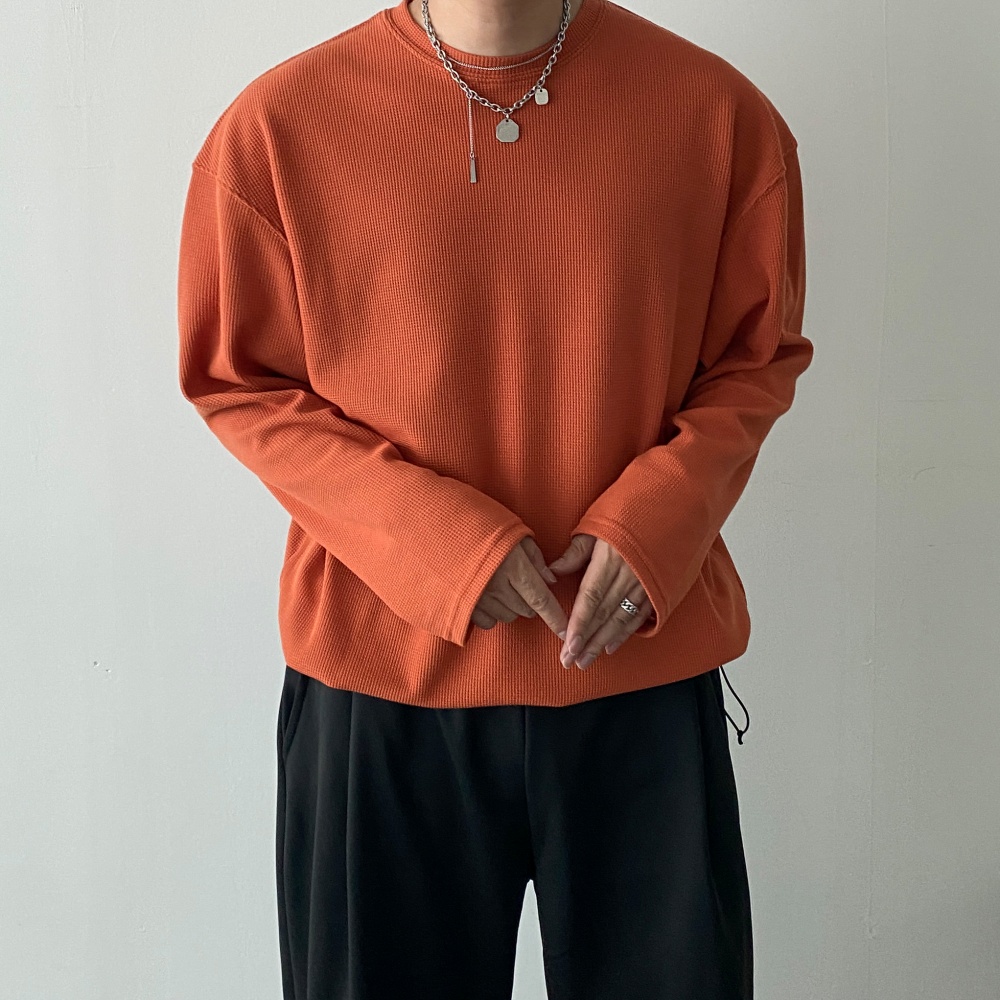 무지 남자얇은긴팔티 기능성 스판 오버핏 와플 맨투맨 - 상세 이미지 3