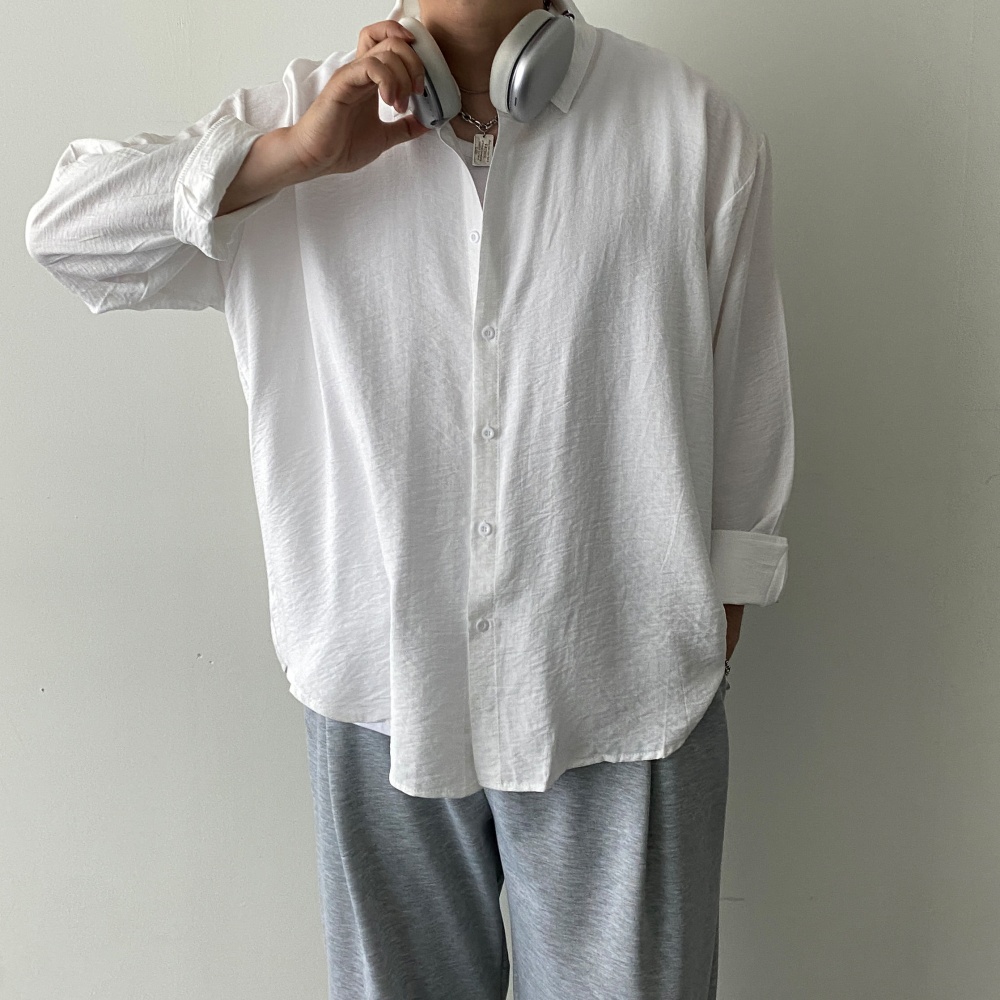 오버핏 남자흰색셔츠 나일론 긴팔 캐주얼 퓨어 미니멀 - 상세 이미지 2