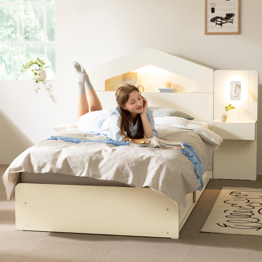 무디켄 리뉴 LED 선반헤드 수납 서랍 침대 프레임 (+방수커버) 삼각형, SS 서랍형, 블랙+우드엣지