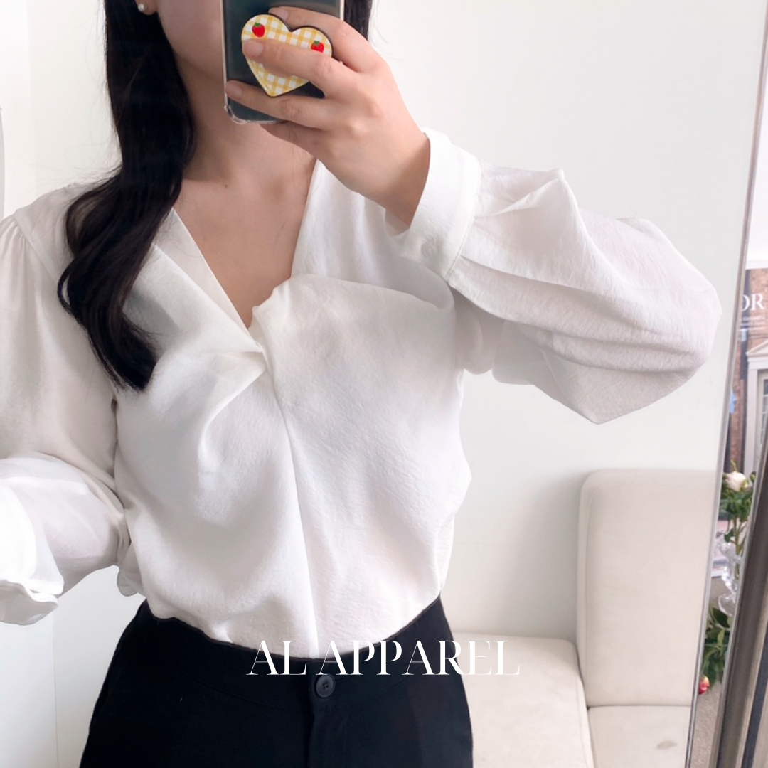 퍼프 꼬임블라우스 쉬폰 샤틴 하객 블라우스 핑크 흰블라우스 이미지 3