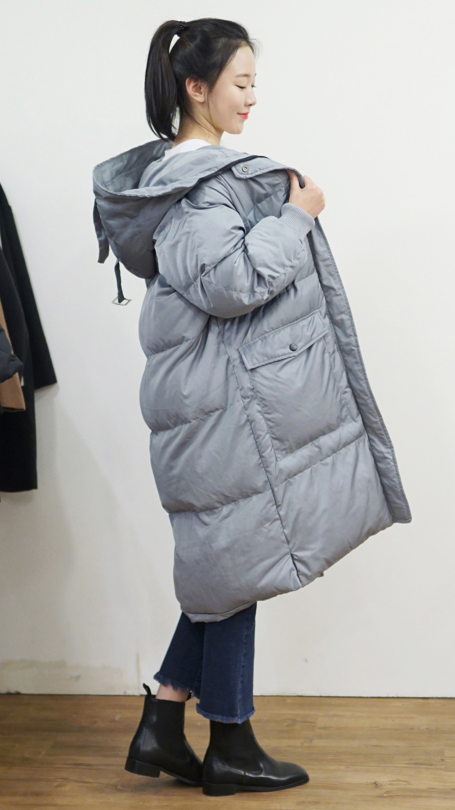 오버사이즈 양포켓 후드롱패딩