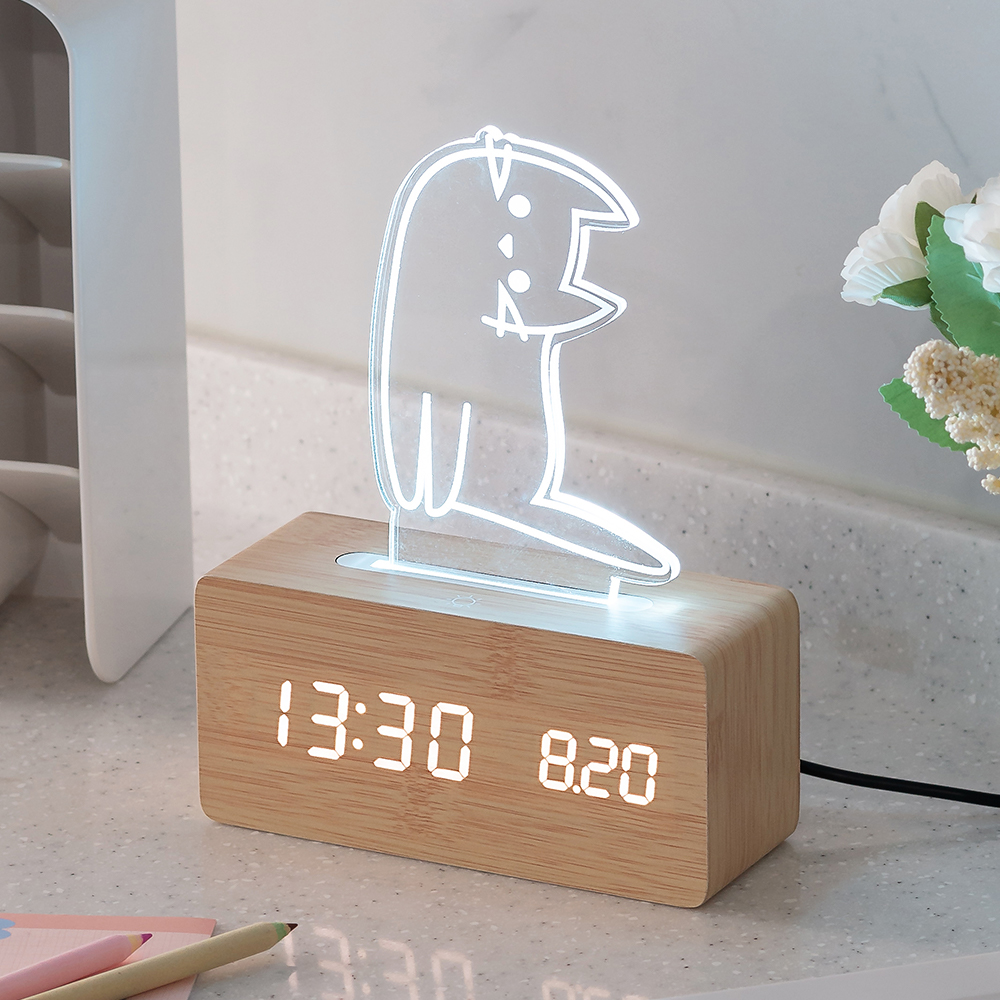 플라이토 우드냥 인테리어 LED 탁상시계 무소음 디지털 전자 알람 테이블 책상시계 선물