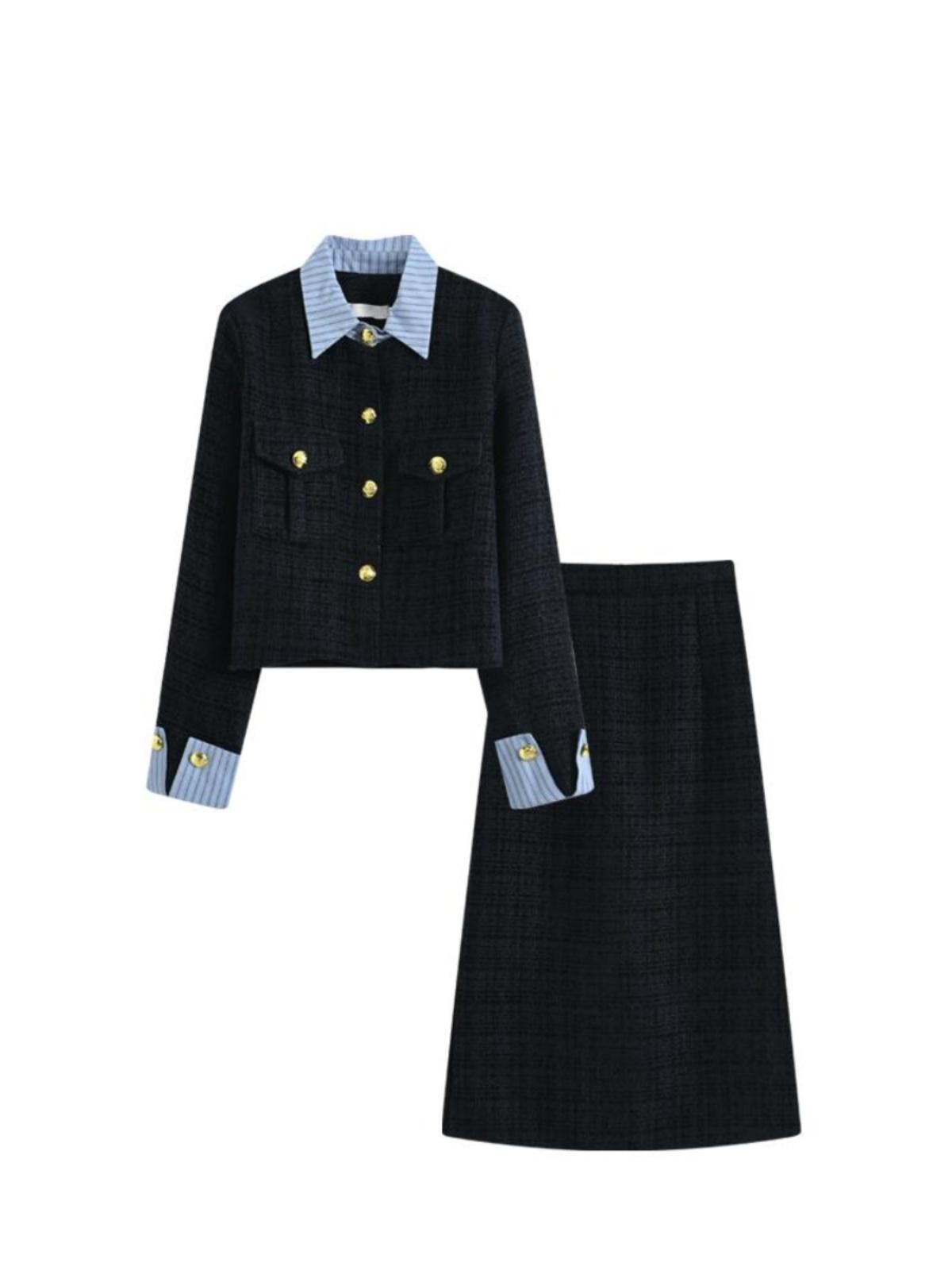 여성정장세트 결혼식투피스 셔츠자켓 트위드스커트 롱스커트 플러스 사이즈 투피스  블루 L 50.0-60.0kg