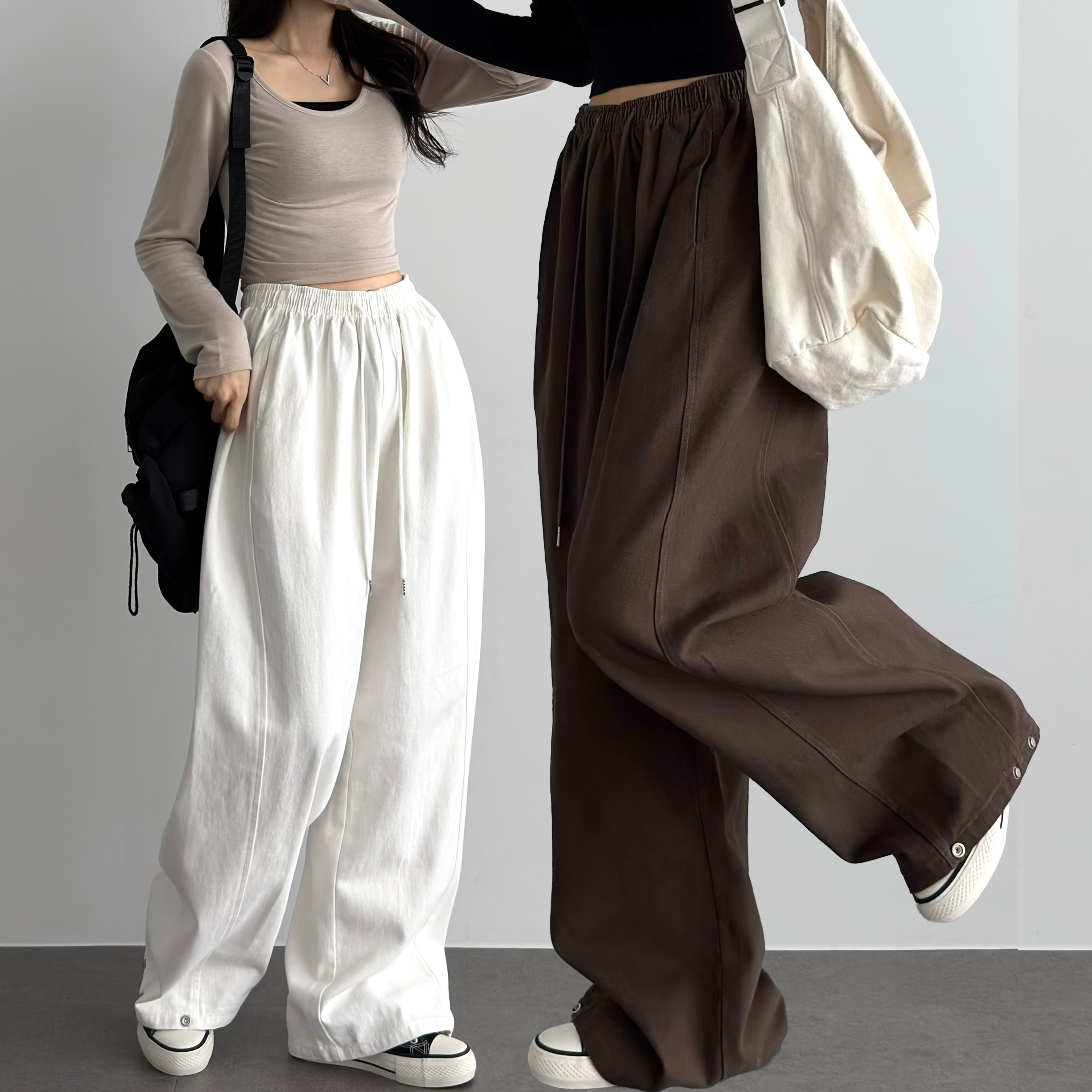 여성 키작녀바지 절개 밑단스냅 와이드팬츠 - 상품 이미지